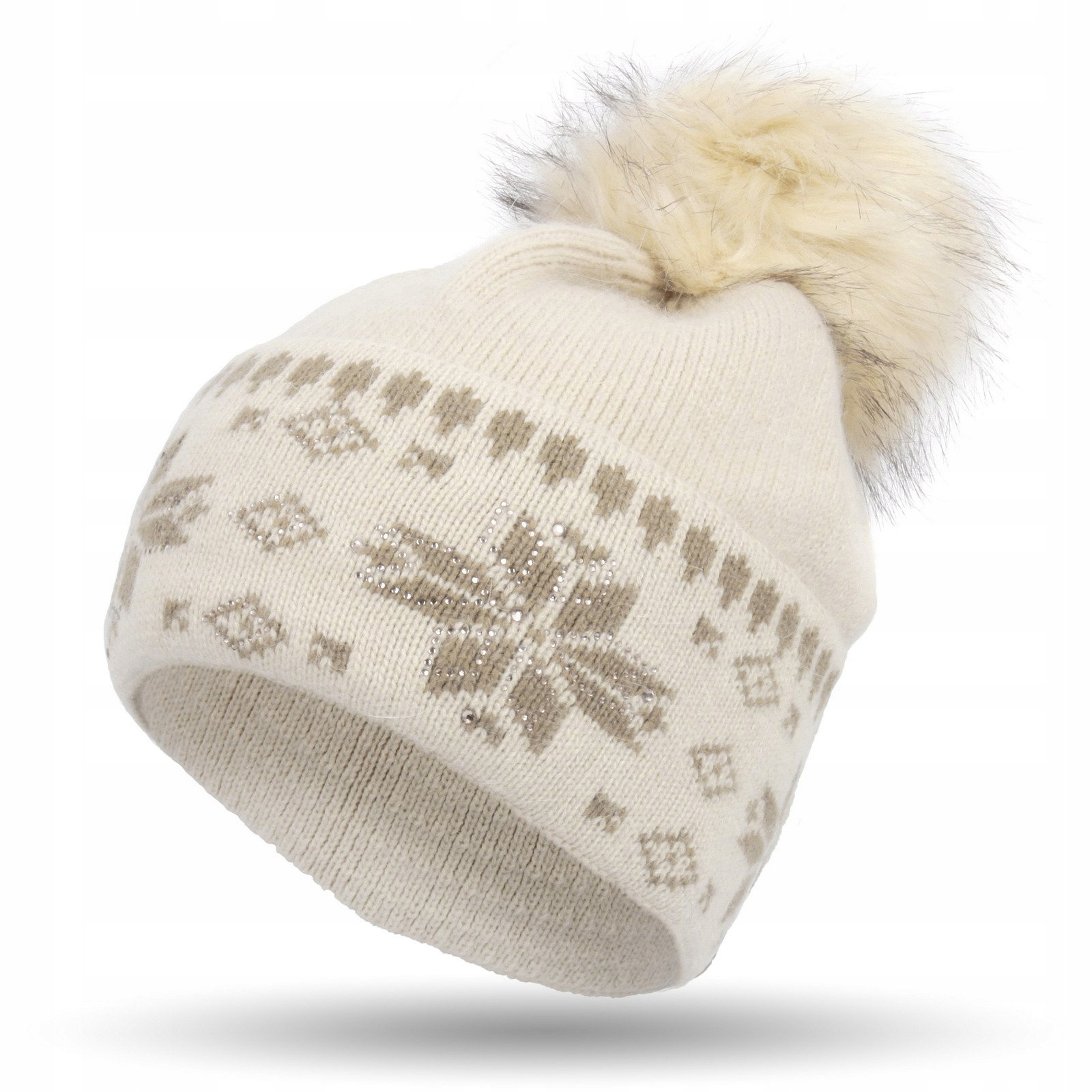 

W331D Czapka Zimowa Beanie Śnieżki Pompon Beżowa