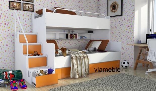 ŁÓŻKO PIĘTROWE 3 OSOBOWE DLA DZIECI Z MATERACAMI SZUFLADAMI I BARIERKAMI Wysokość mebla 150 cm