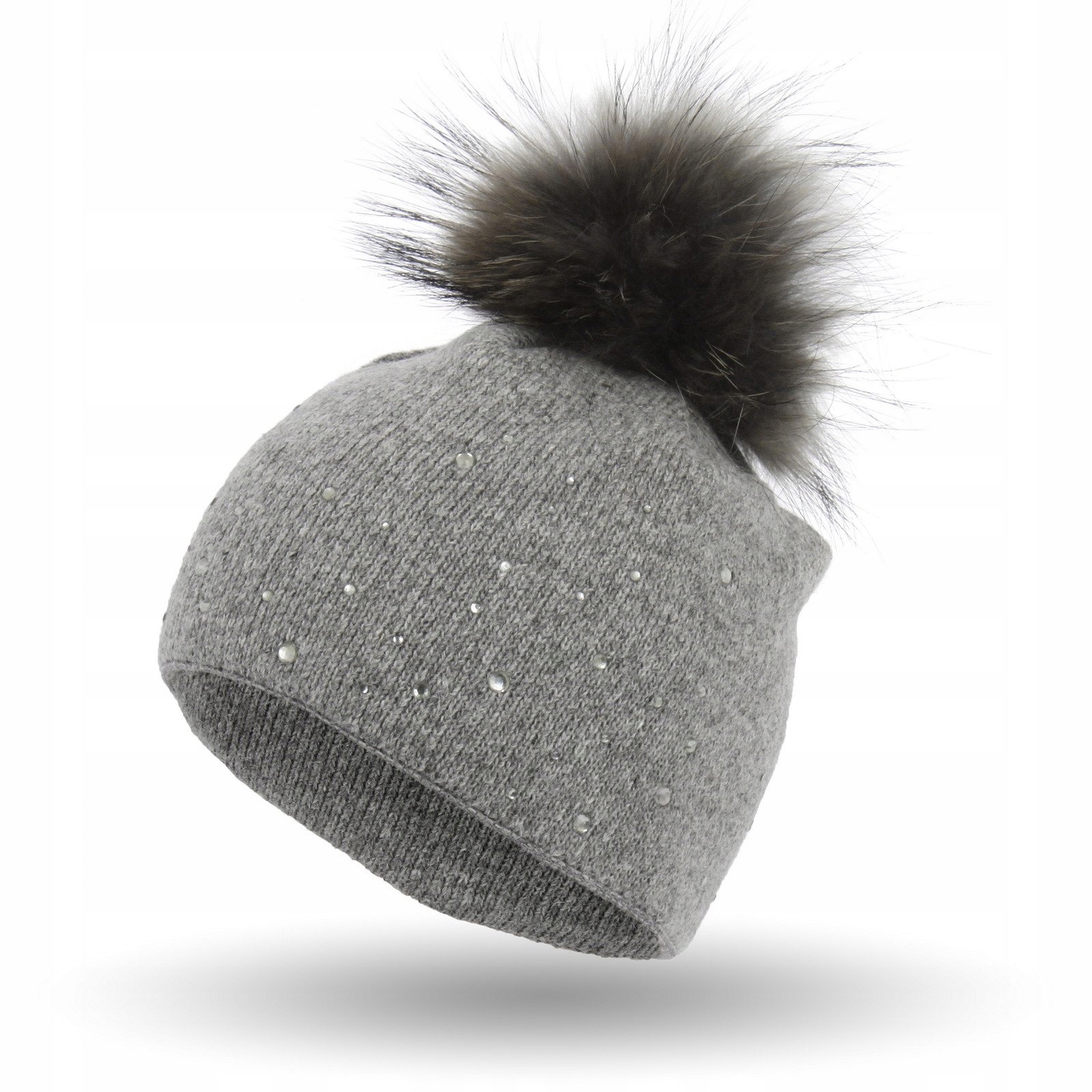 

W320C Czapka Z Kaszmiru Pompon Jenota Ciemnoszara