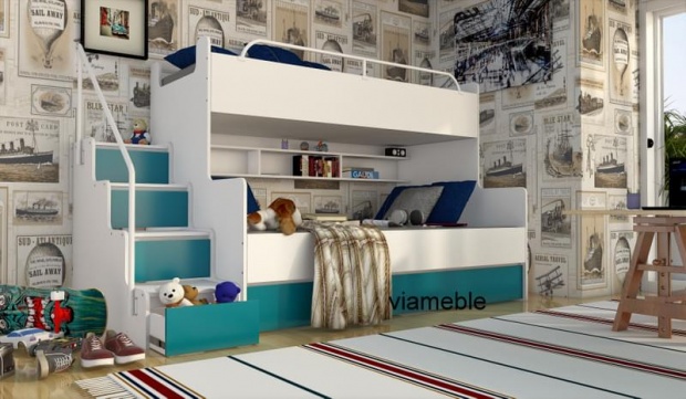 ŁÓŻKO PIĘTROWE 3 OSOBOWE DLA DZIECI Z MATERACAMI SZUFLADAMI I BARIERKAMI Kolor wielokolorowy