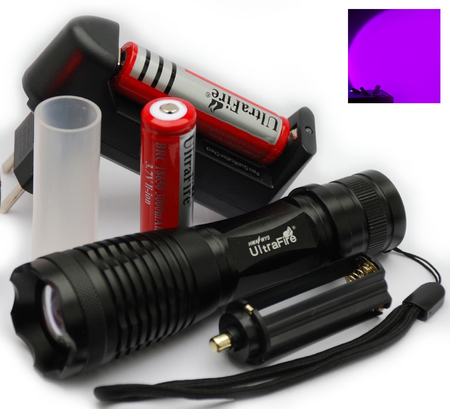 

Latarka Uv ultrafiolet UltraFire Zoom +2 aku+akces