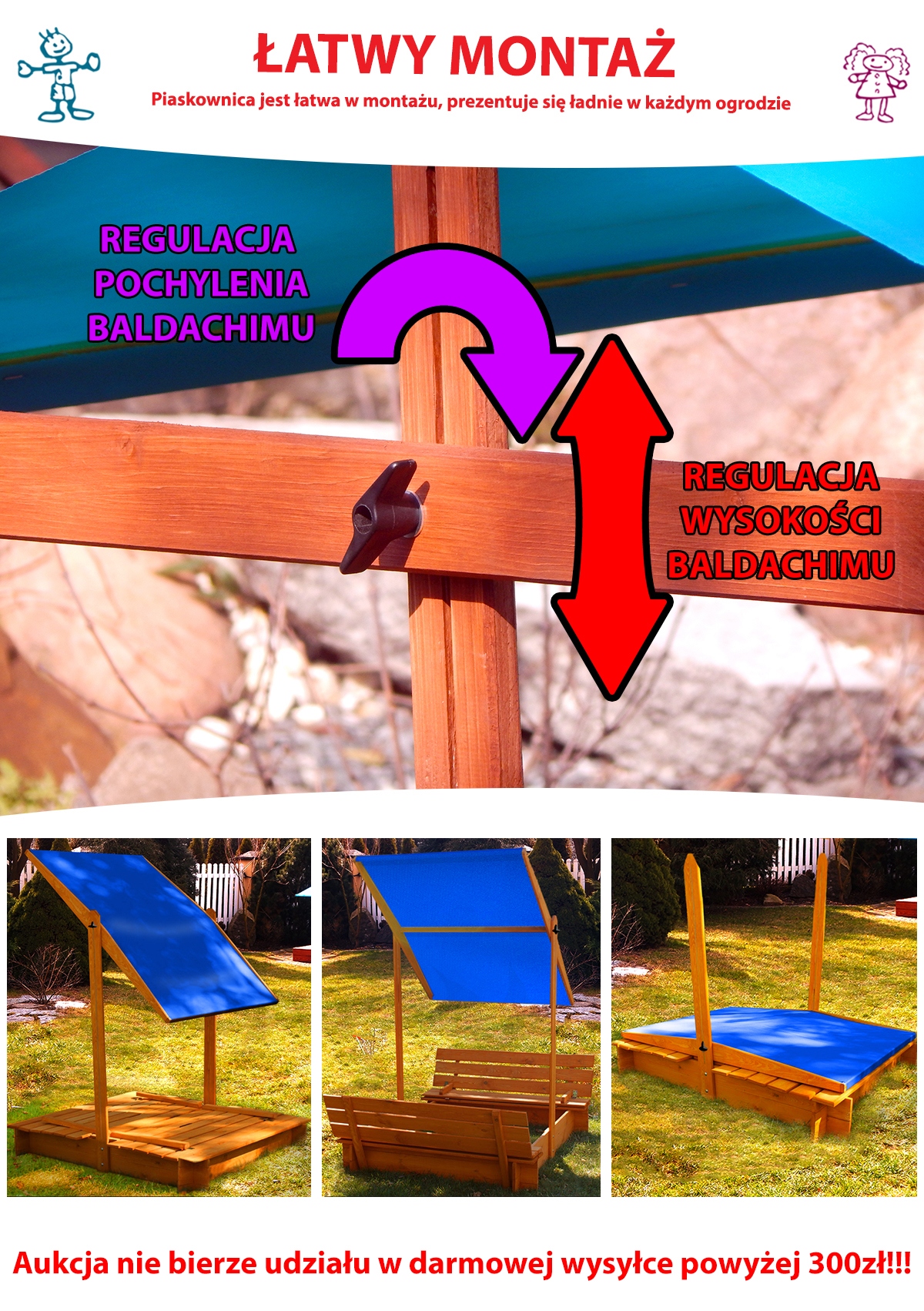 PIASKOWNICA Z ŁAWECZKAMI BALDACHIMEM DLA DZIECI Długość 120 cm