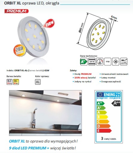 Oprawa meblowa LED ORBIT XL 3W aluminium ciepła Barwa światła biały ciepły