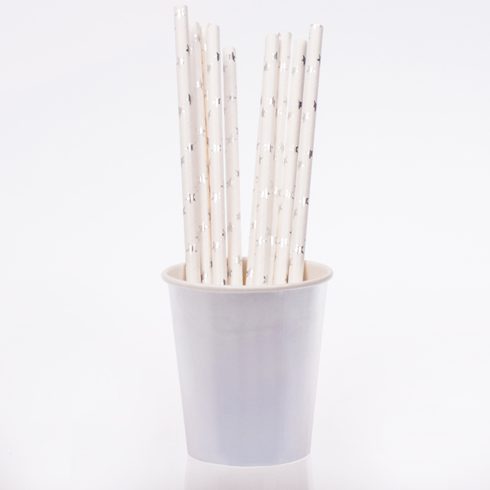 Słomki papierowe białe w srebrne gwiazdki rurki Materiał papier