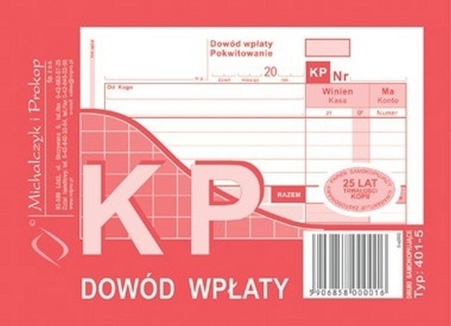 

Druk Kasa Przyjmie Kp A6 Dowód Wpłaty 401-5 MiP