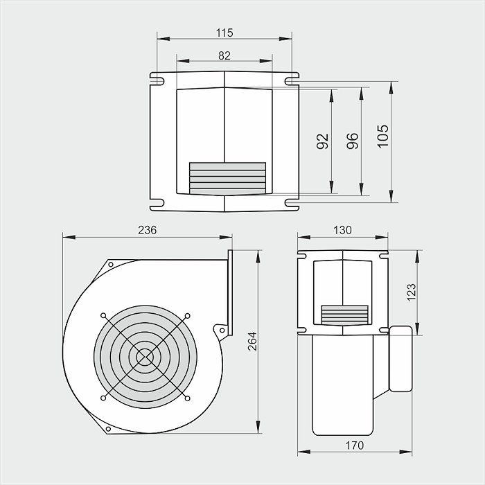 Schemat przedstawiający wymiary wentylatora WPA 160