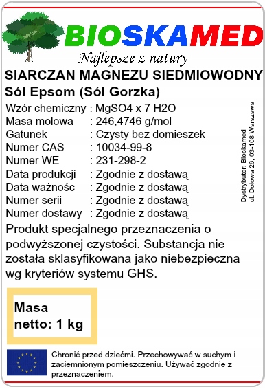 SUPERCZYSTY SIARCZAN MAGNEZU Sól Epsom Rzymska 1kg EAN (GTIN) 5904194180034