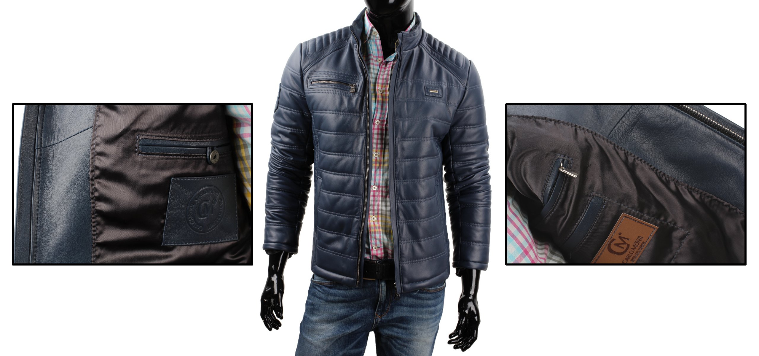 Kurtka Skórzana Pikowana Męska DORJAN LUI074 M Odcień granatowy