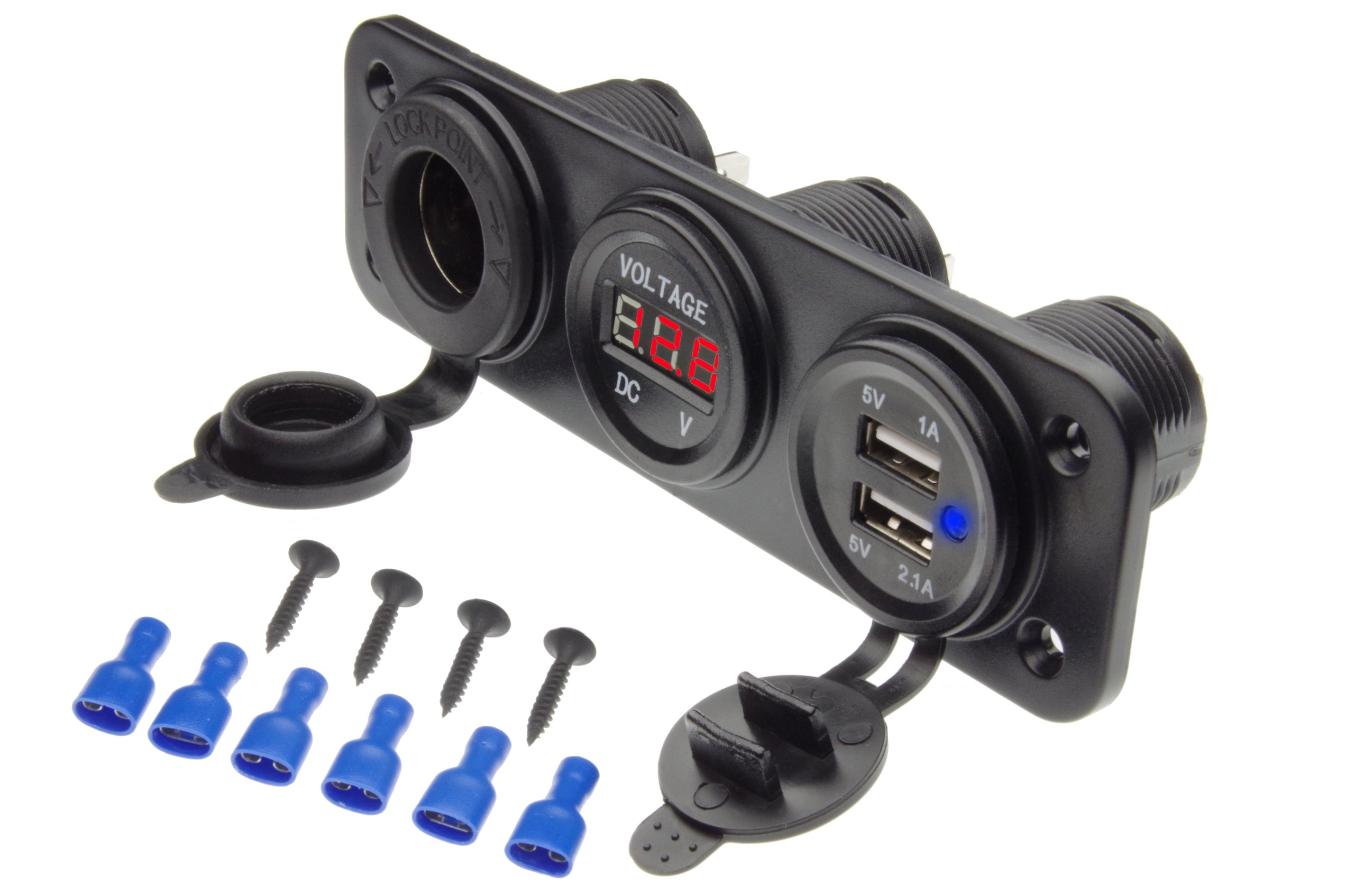 

Panel z gniazdem zapalniczki woltomierzem i Usb 5V