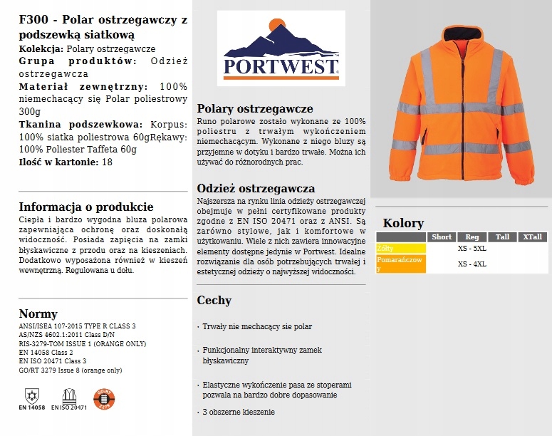 PORTWEST POLAR ODBLASKOWY BLUZA POLAROWA F300 4XL Cechy dodatkowe odzież ocieplana odzież odblaskowa