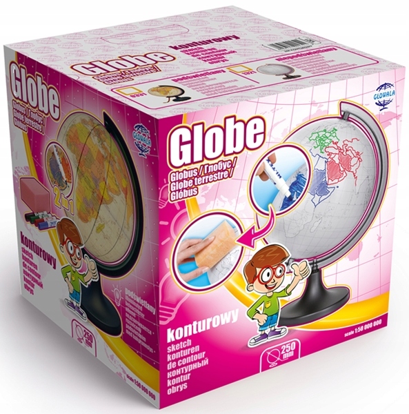 Globus 250 mm KONTUROWY +4x FLAMASTRY +GĄBKA kompl Kolor Biel Odcienie niebieskiego Wielokolorowy