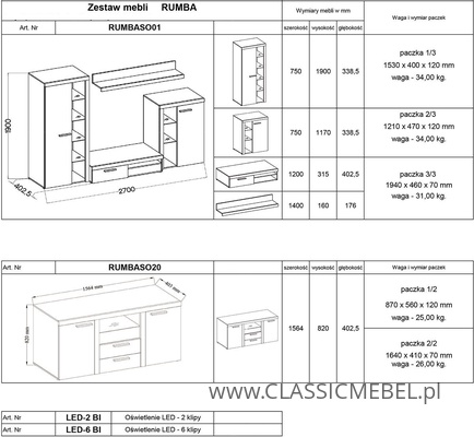 Meblościanka Rumba + Komoda Rumba + Szafa Rumba 2D Liczba elementów w zestawie 6