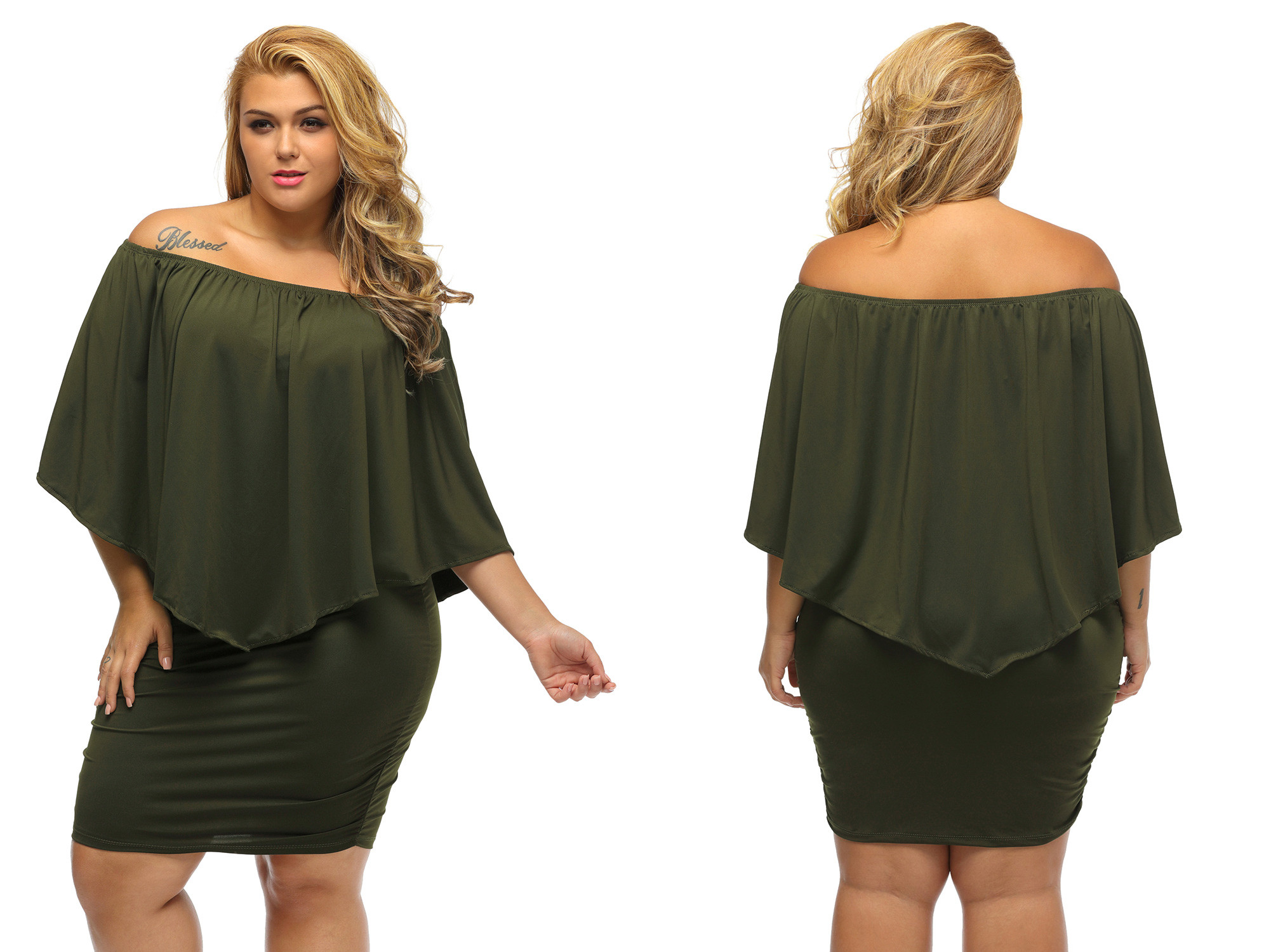 

Sukienka Odkryte Ramiona Khaki Falbanka 8XL-10XL