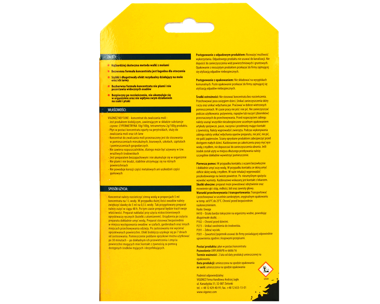 ŚRODEK OPRYSK PREPARAT NA MOLE SZKODNIKI MAGAZYNOWE WOŁKI VIGONEZ 30 ML Producent Vigonez