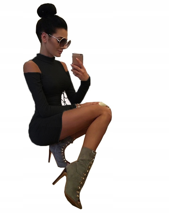 Czarna SUKIENKA Damska pół GOLF Ołówkowa ODKRYTE RAMIONA S/M Długość mini