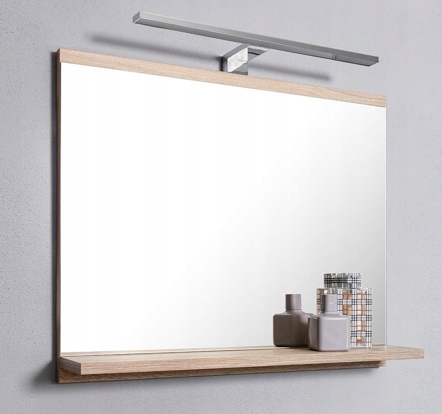 Zrkadlo s policou lampa sconce LED svetlo v kúpeľni, dub