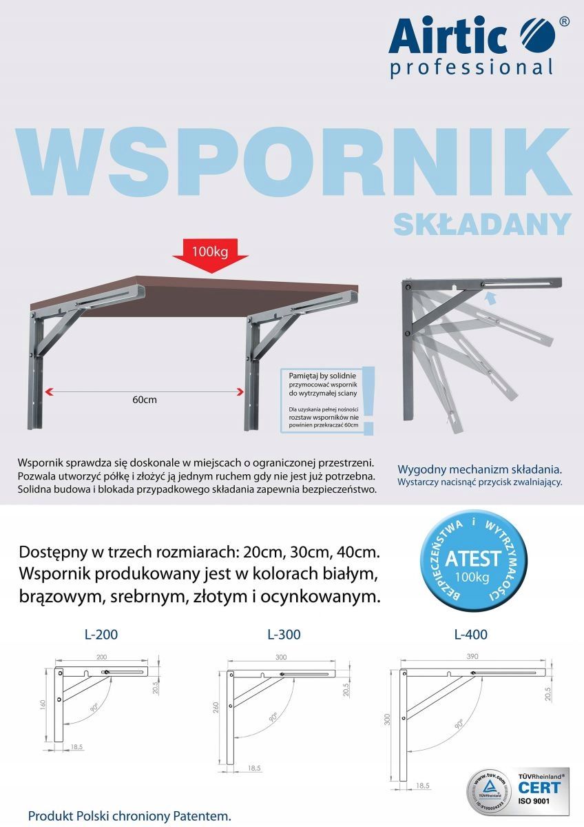 WSPORNIK KĄTOWNIK SKŁADANY POD PÓŁKĘ L 400 AIRTIC Marka Airtic