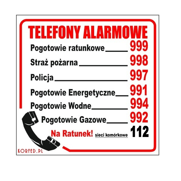 

Tablica Tabliczka Informacyjna Telefony Alarmowe