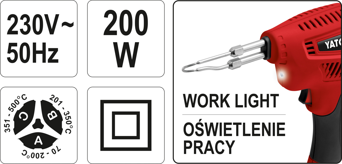YATO LUTOWNICA TRANSFORMATOROWA 200W REGULACJA TEMPERATURY 3 TRYBY WALIZKA Maksymalna temperatura pracy 500°C