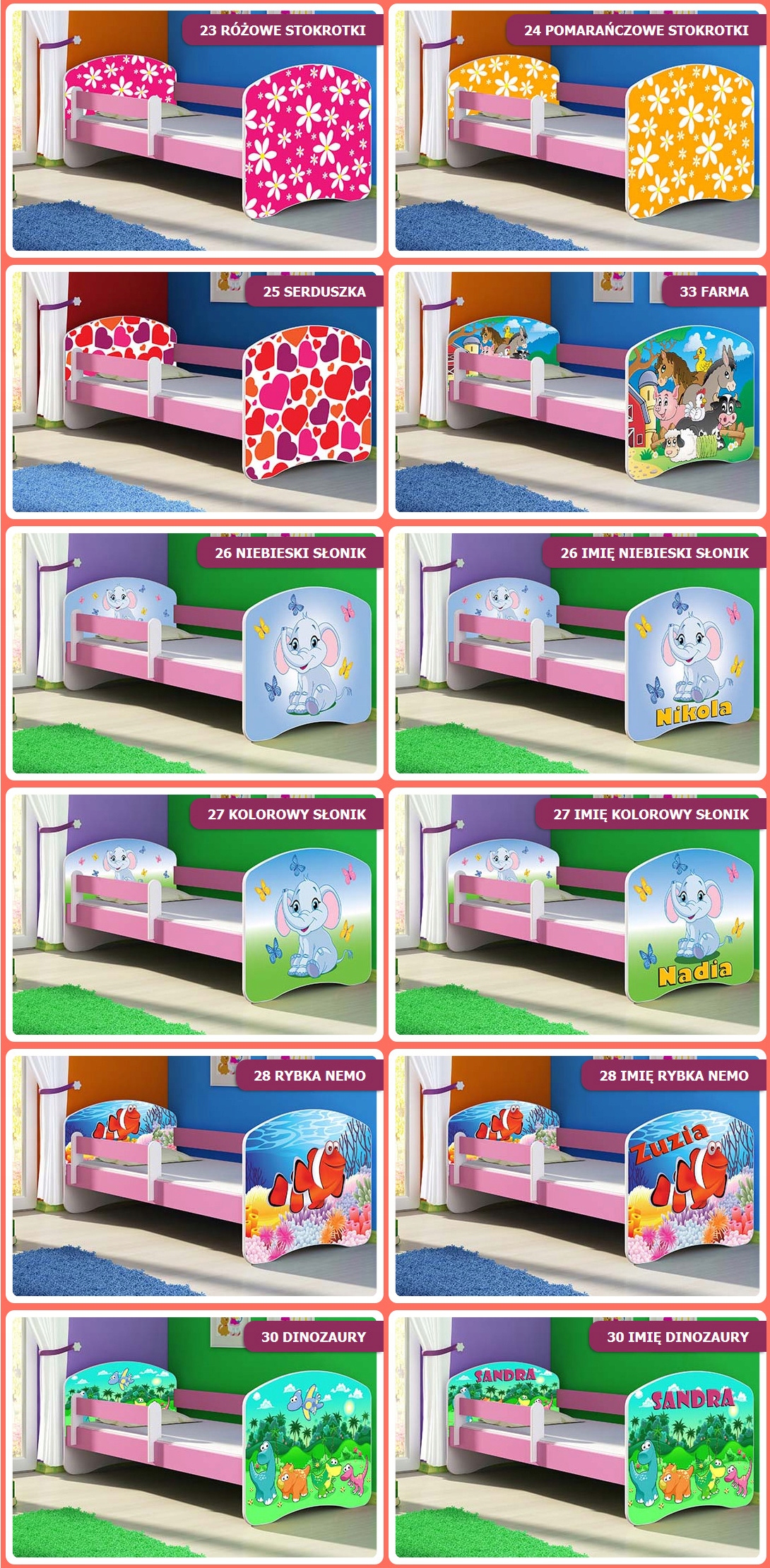 Łóżko dziecięce 140X70 + materac RÓŻOWE ACMA Długość 144 cm