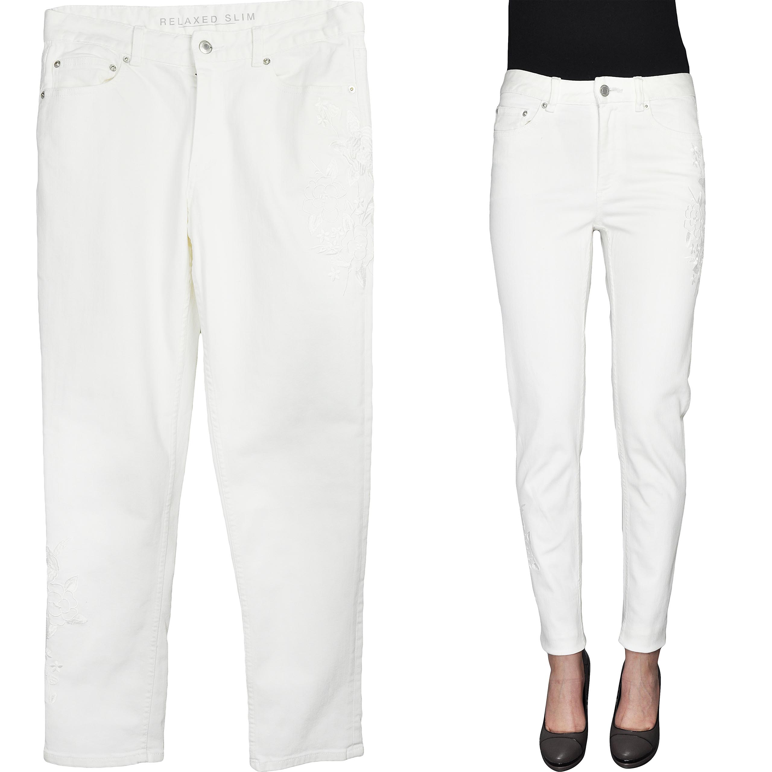 

M&s Białe Spodnie Jeansy Hafty Regular XL 42