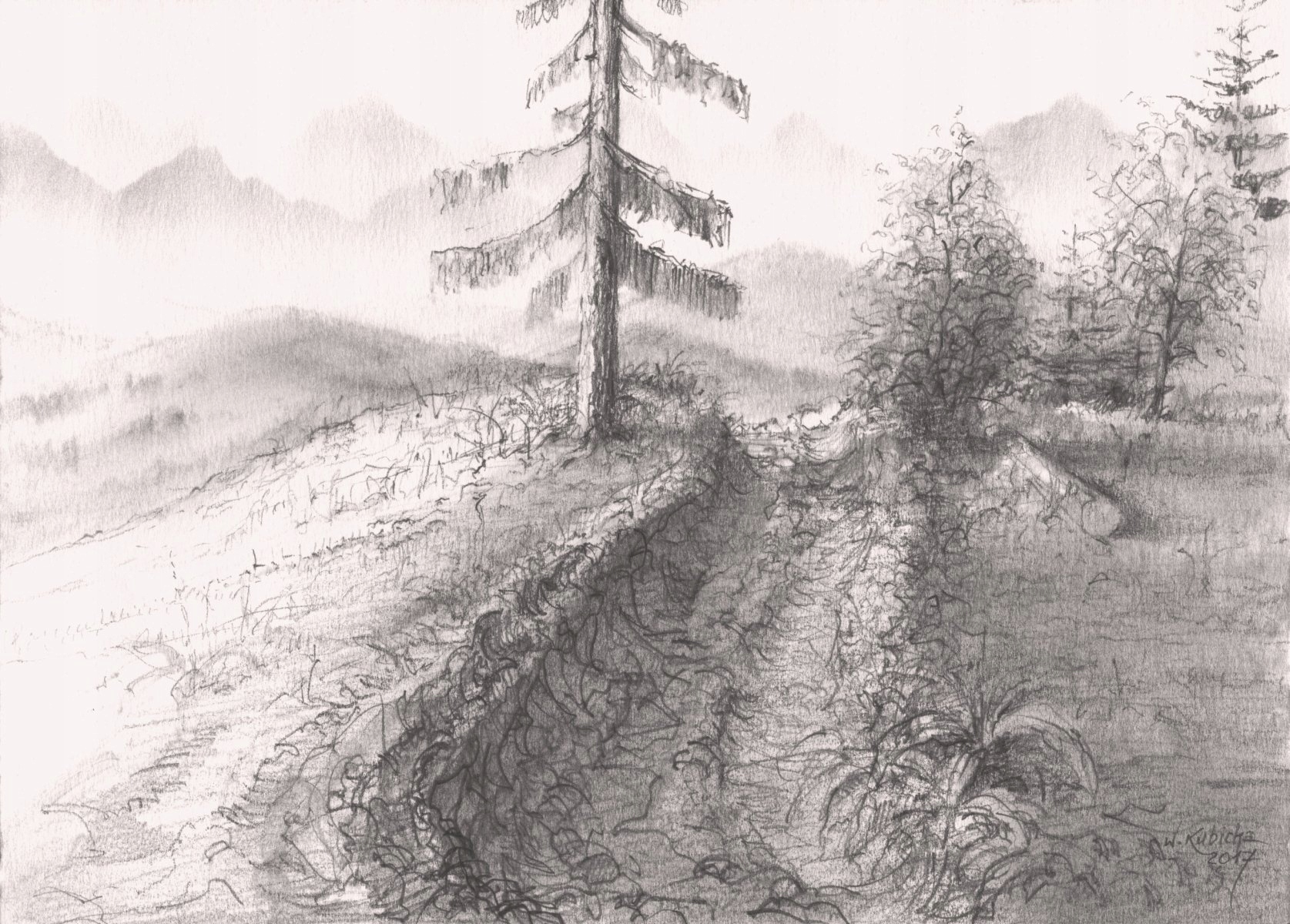 Rysunek Ołówkiem Pejzaż Góry Drzewo Krajobraz