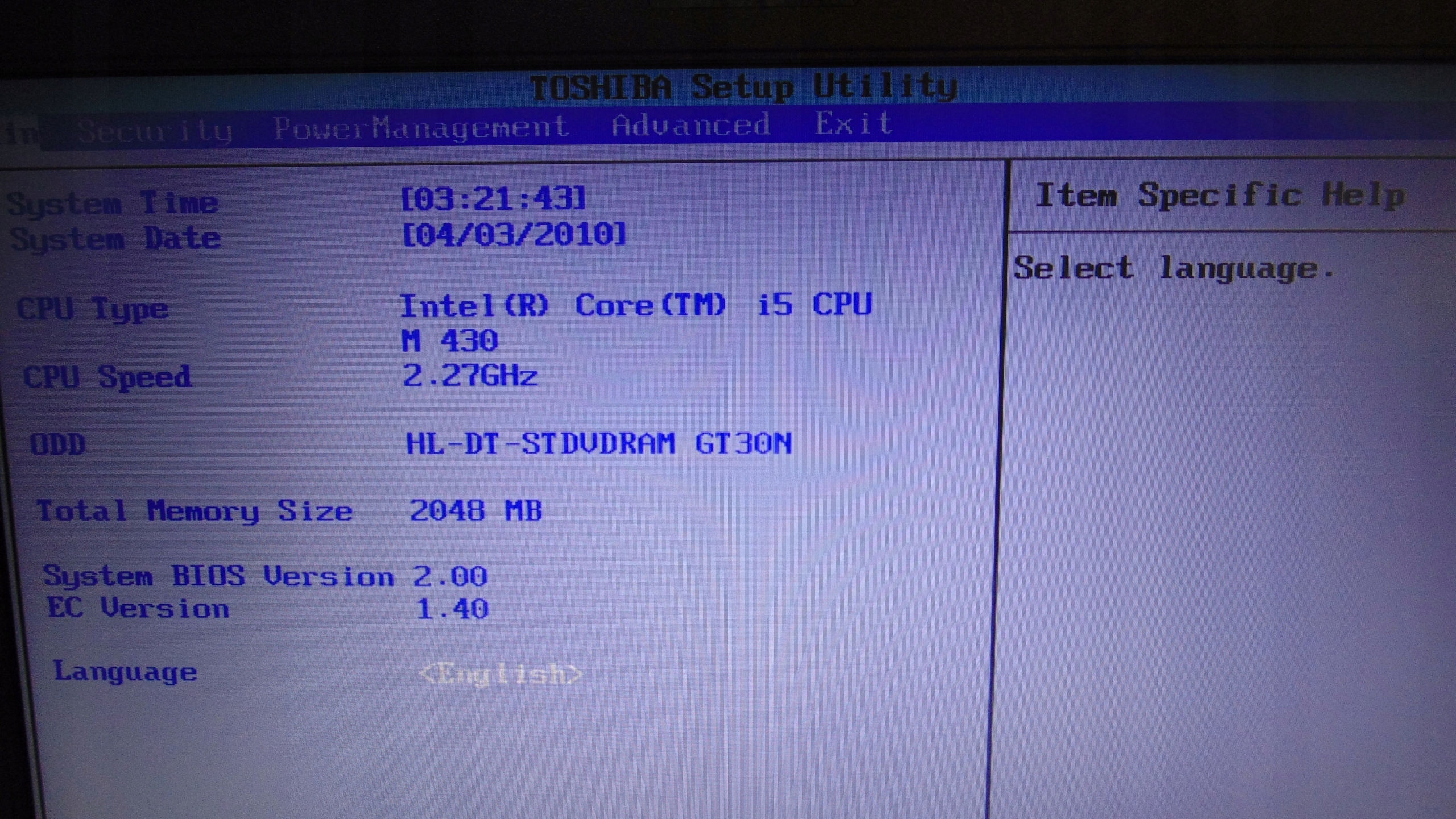 Toshiba setup utility