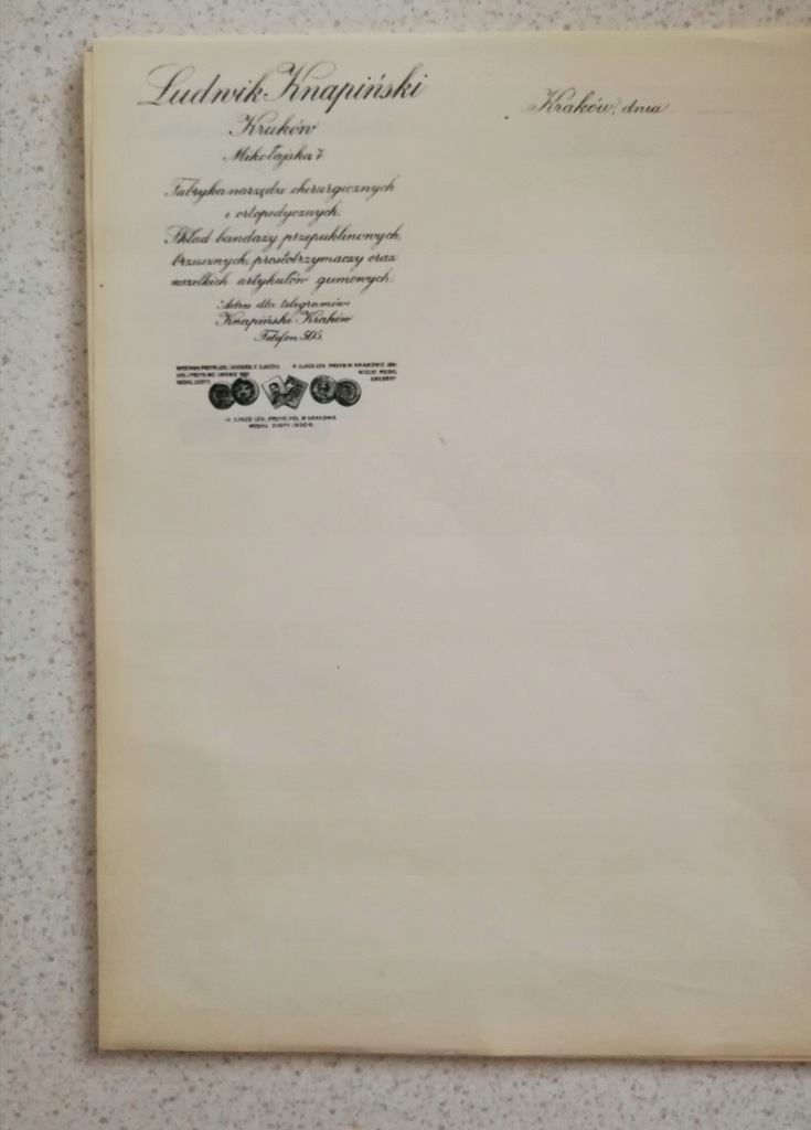 Ludwik Knapiński Mikołajska 7 Kraków papier firmow