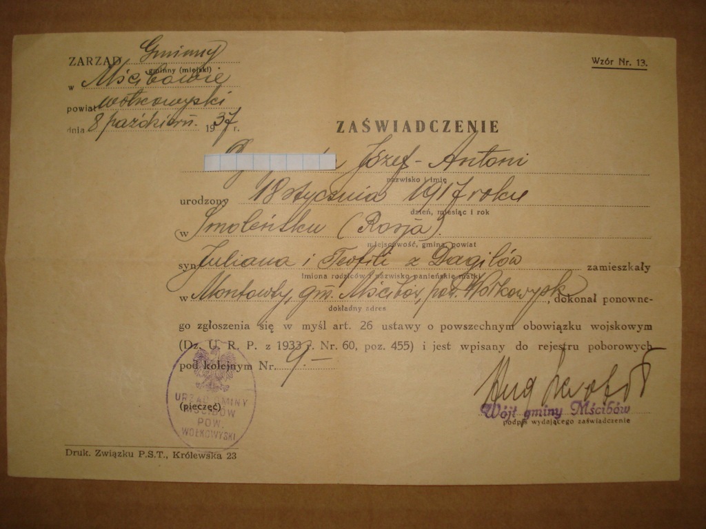 Rejestracja do poboru 08.10.1937r. Płk saper.