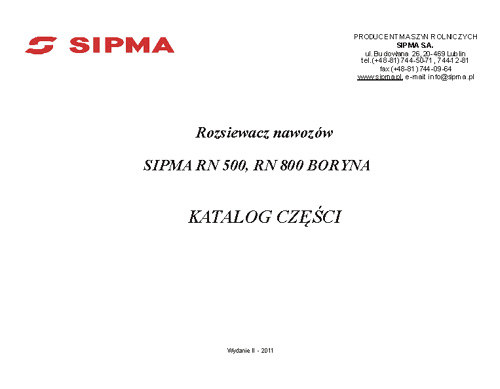 SIPMA RN 500, RN 800 Boryna - katalog części