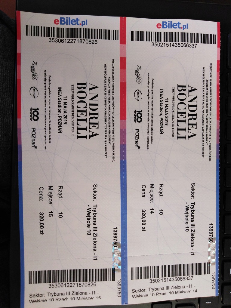 2 Bilety Andrea Bocelli Poznań 11 Maja 2019