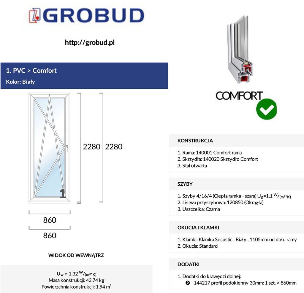 Nowe drzwi balkonowe PCV - Grobud Comfort - 86cm x