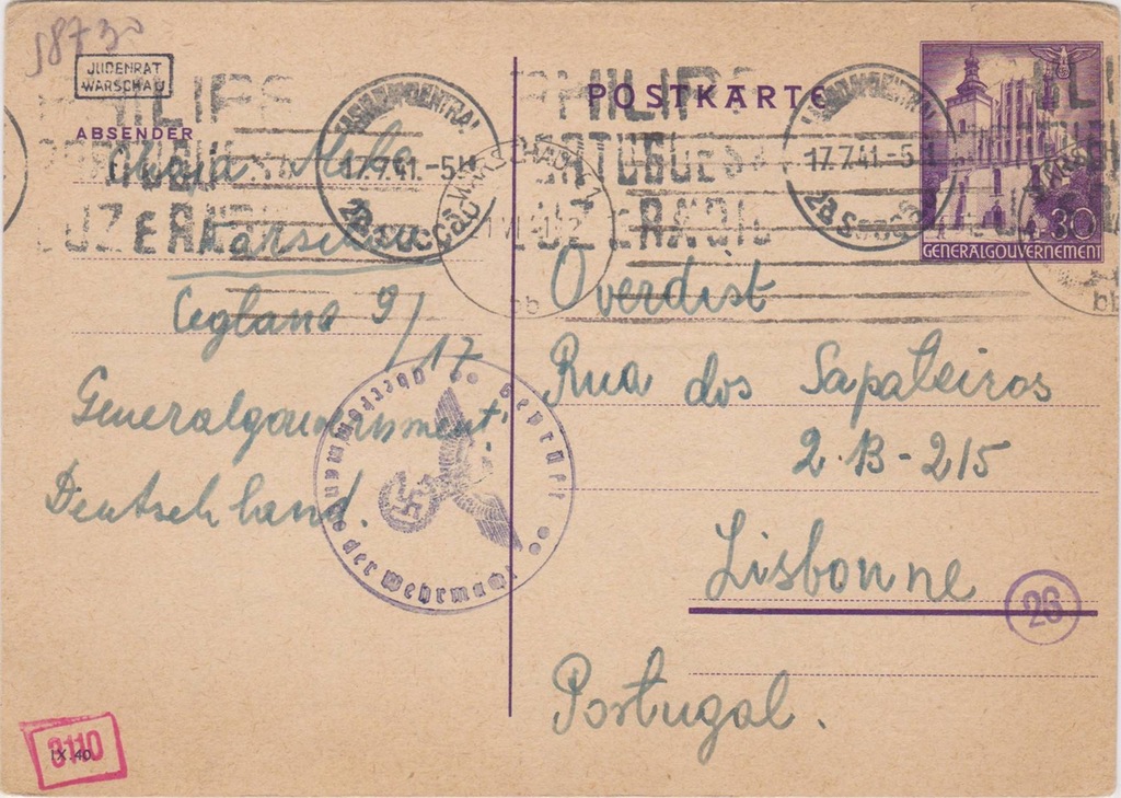 GG Cp 8I Getto Warszawa Judenrat do Lizbony 1941