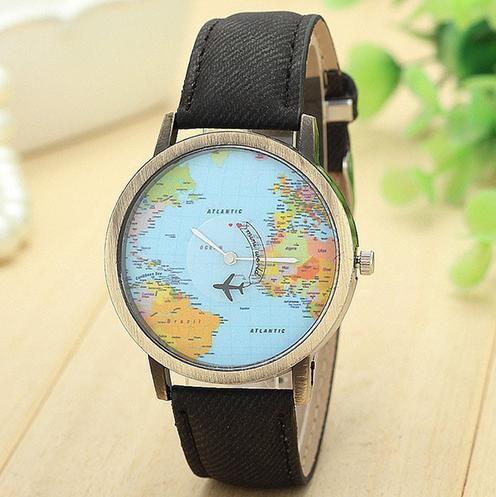 Kwarcowy zegarek podróżnika z mapą czarny
