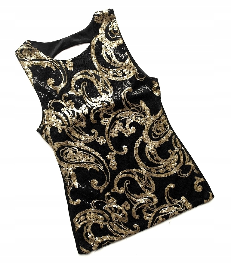 CZARNY ZŁOTY ORNAMENT CEKINOWY TOP CEKINY WZORY S