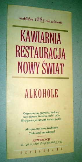 Nowy Świat - Restauracja Kawiarnia - MENU Alkohole