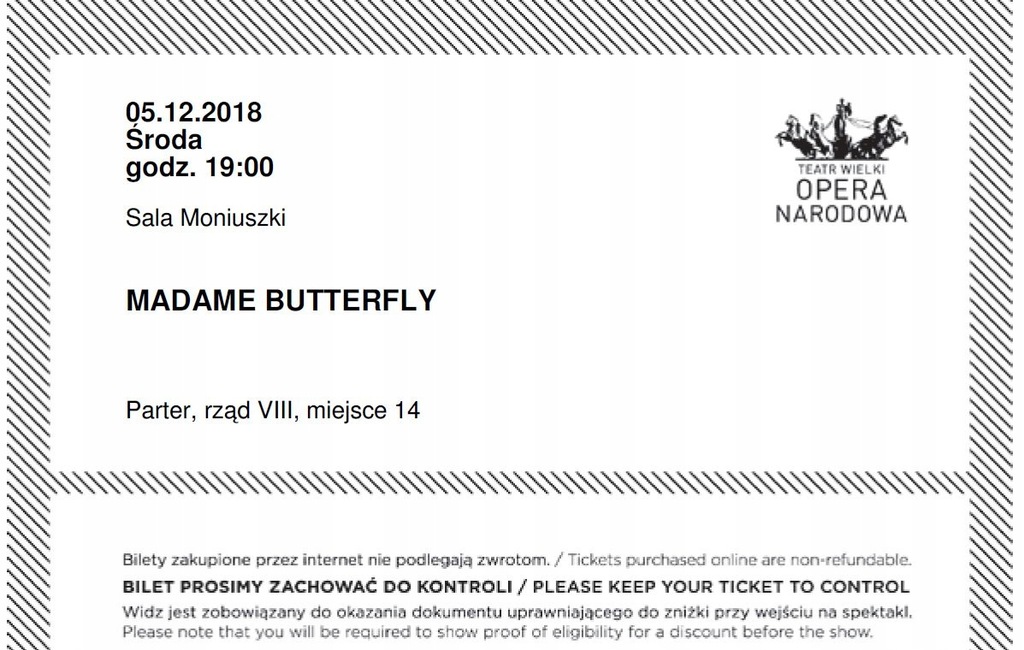 2x bilety Madame Butterfly Opera Narodowa 05.12.18