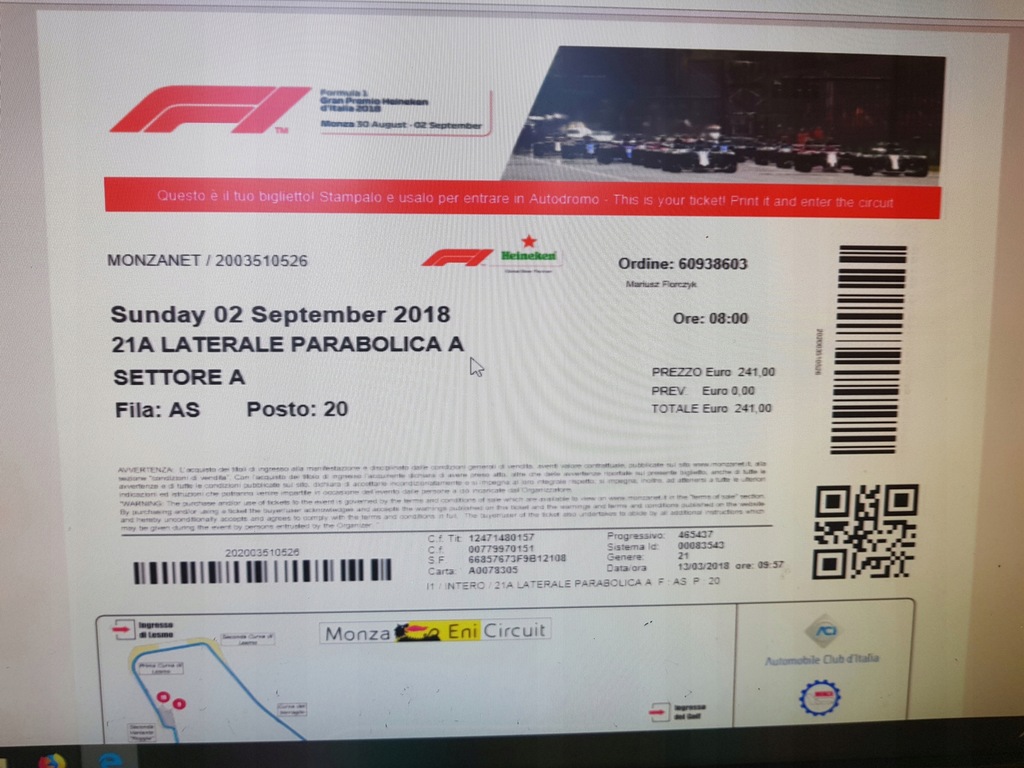 Bilet F1 Monza 02.09.2018 Parabolica