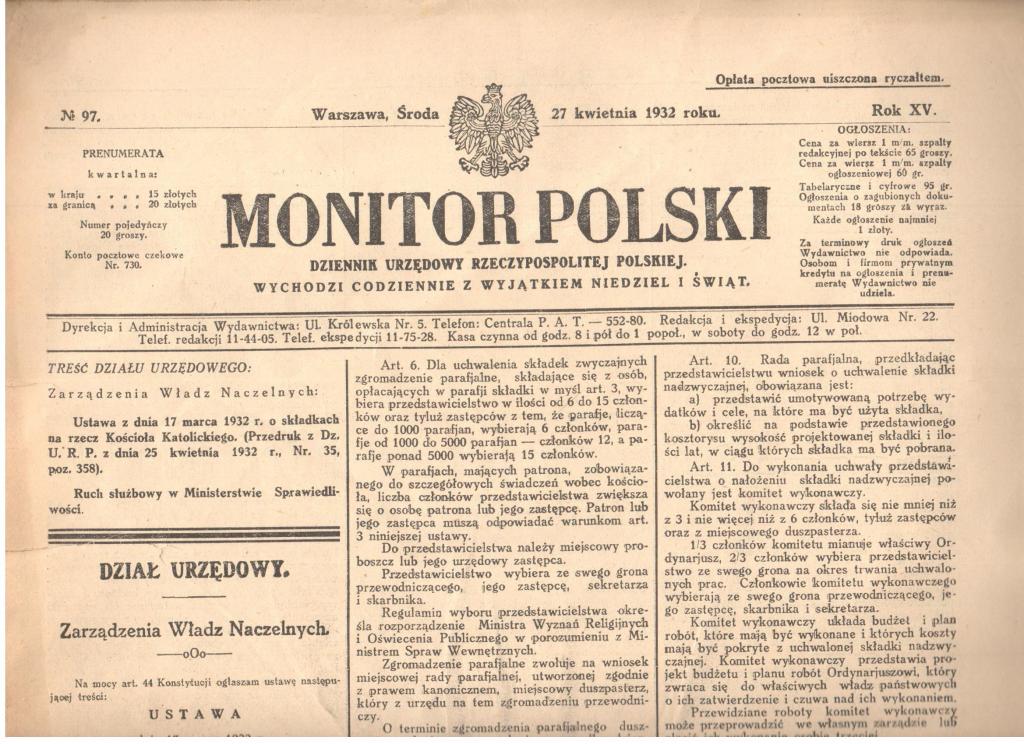Monitor Polski 27 kwietnia 1932 nr 97