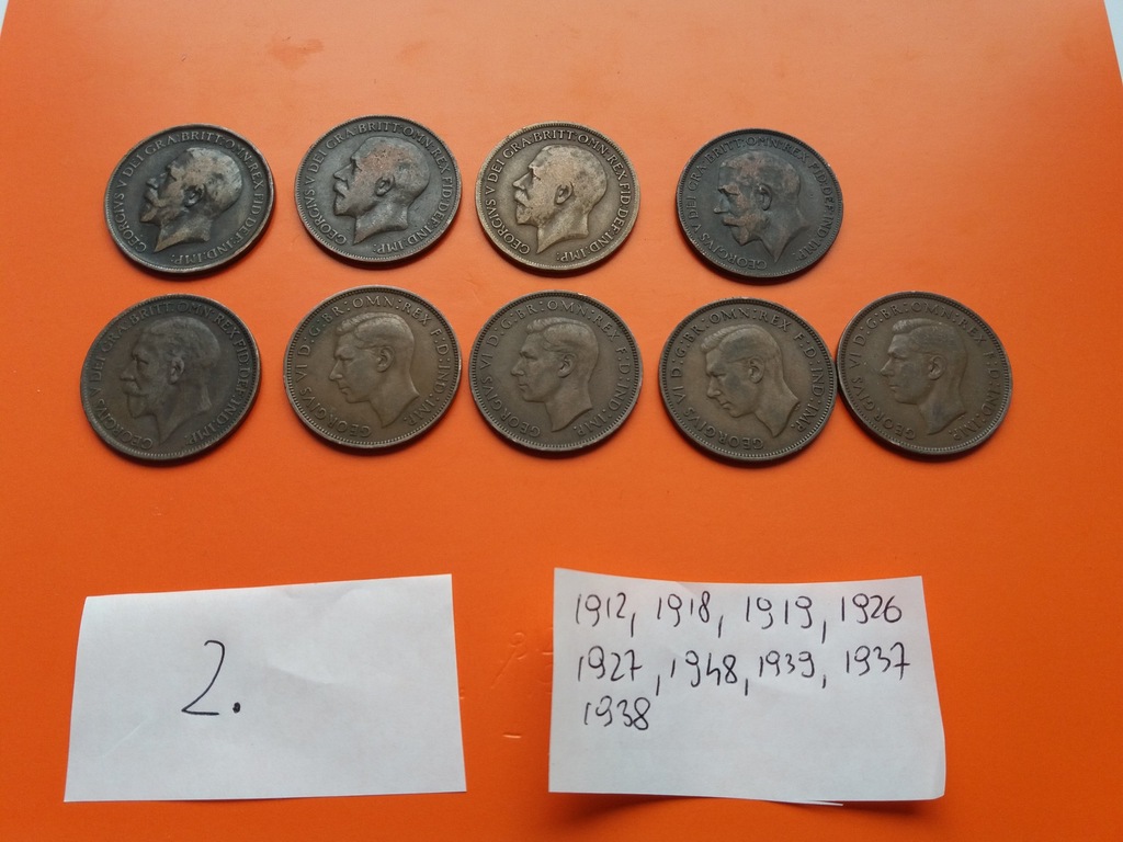 one british penny 1912,18,19,26,27,48,39,37,38