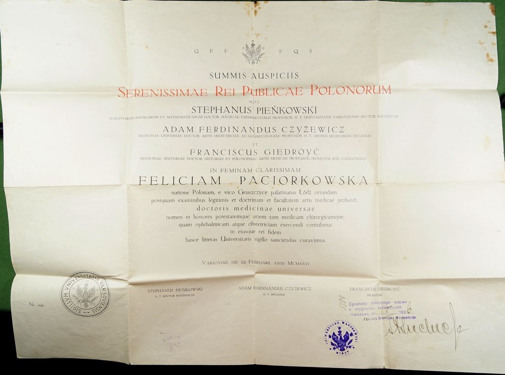Dyplom Lekarski Uniwersytet Warszawski 1926