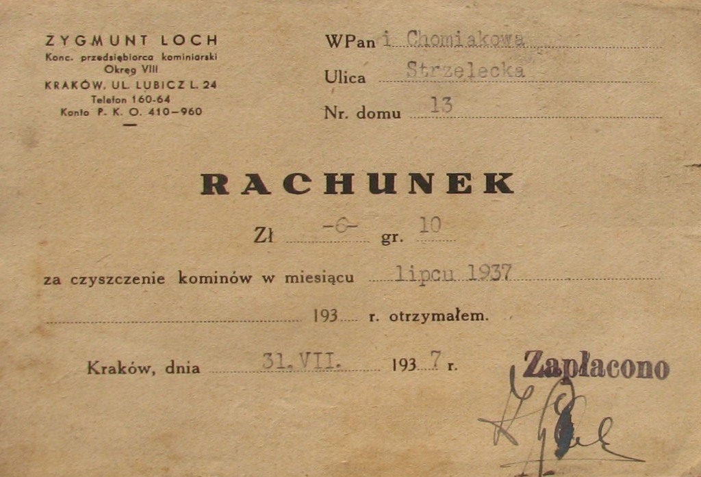 RACHUNEK KOMINIARZA – KRAKÓW 1937 [  KOMINIARZ ] 