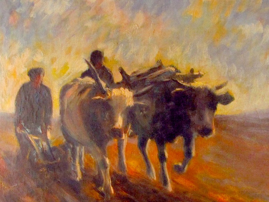 1959 WSPANIAŁY OBRAZ OLEJNY ORKA WOŁAMI 50x60