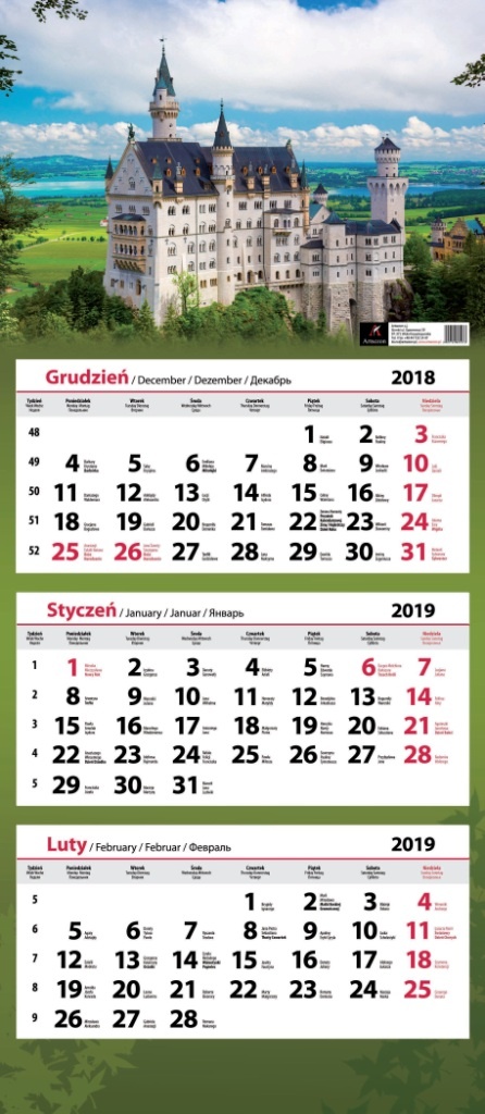 Kalendarz trójdzielny ścienny 2019 Zamek