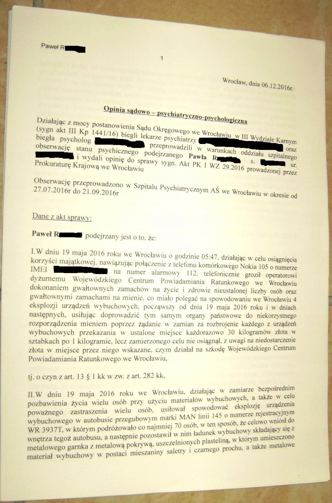 Bomber z Wrocławia, Paweł R. opinia psychiatryczna