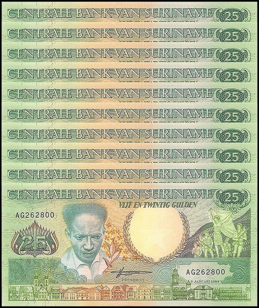 SURINAME 25 GULDEN 1988 P-132 UNC 10 Banknotów