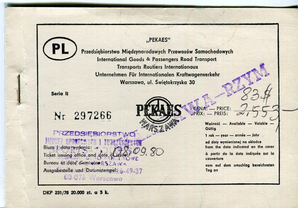 Bilet PKS PEKAES 1980 Warszawa-Rzym