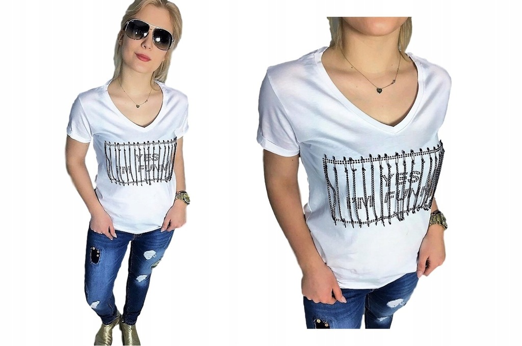 Koszulka T-shirt Biała z agrafkami i łańcuszkami M