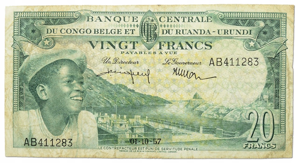 29.Congo Belg., 20 Franków 1957 rzadki, St.3/3+