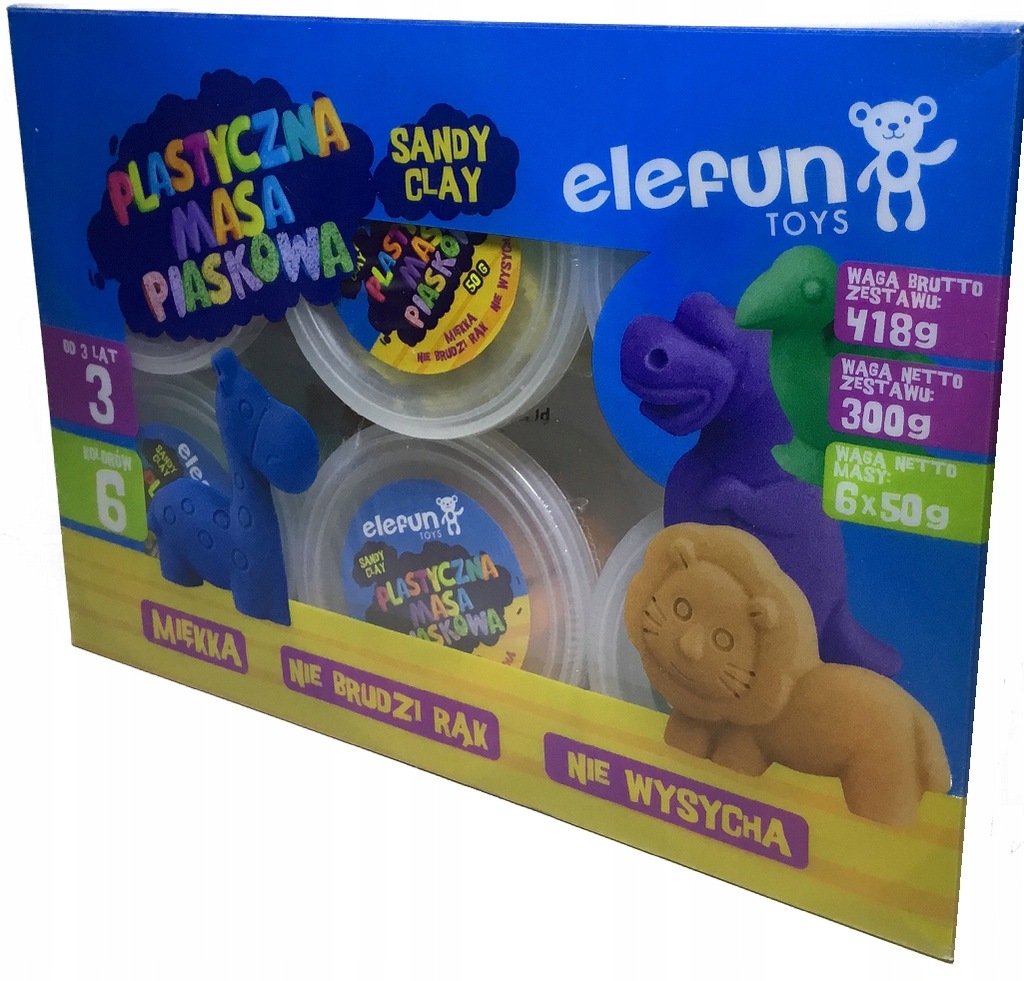 PLASTYCZNA MASA PIASKOWA PIASEK elefun, 6 kolorów